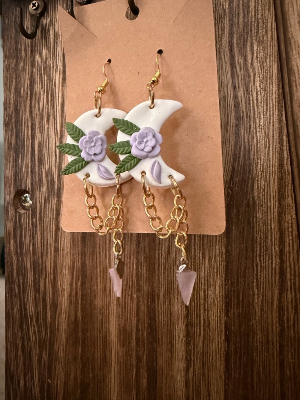 Handmade White Crescent Moon Earrings with Lavender Flowers and Gold Chains - Picture 4 of 4